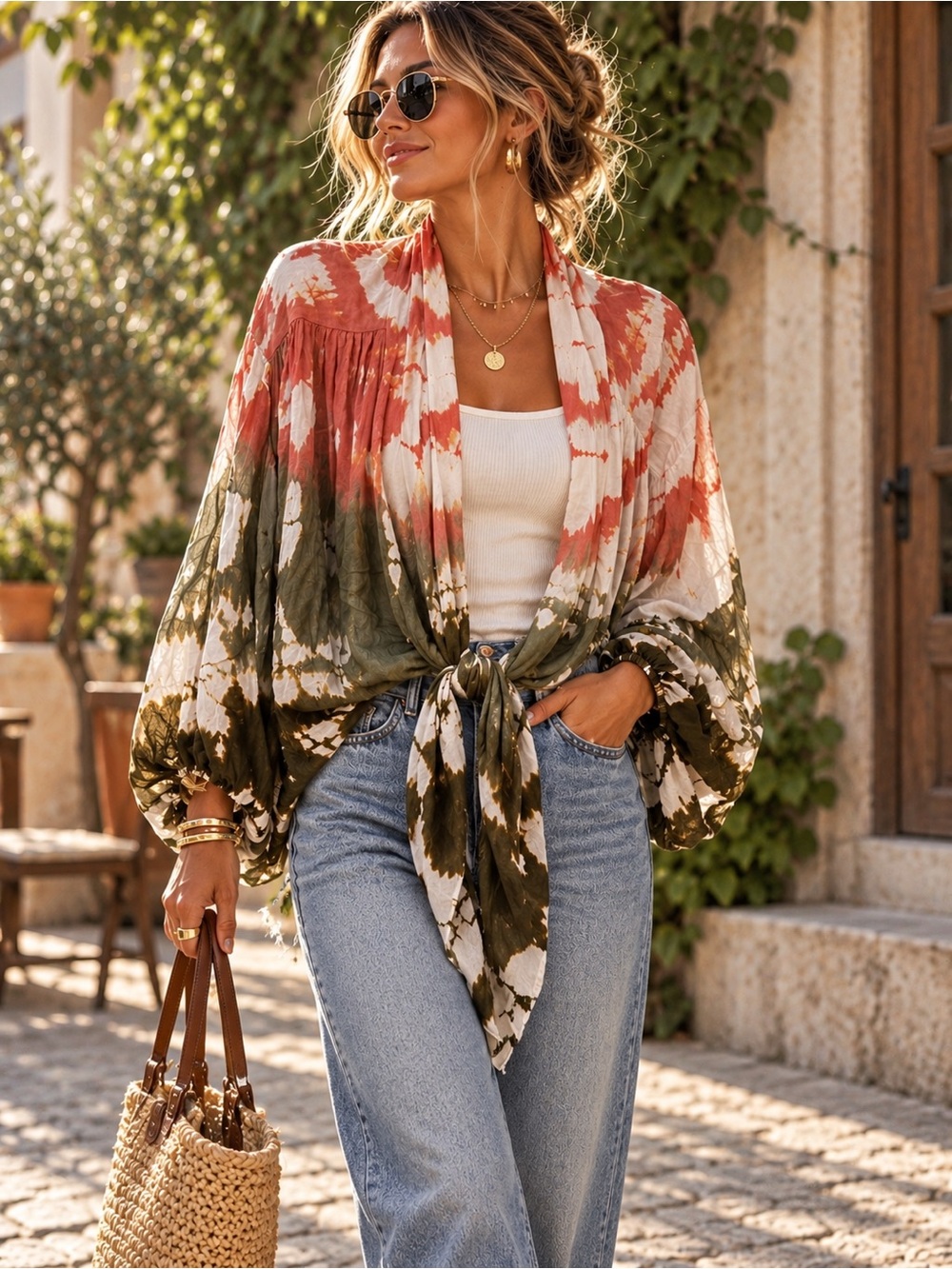 Young Fabulous & Broke Coral, Olive & Cream Tie-Front Boho Cardigan